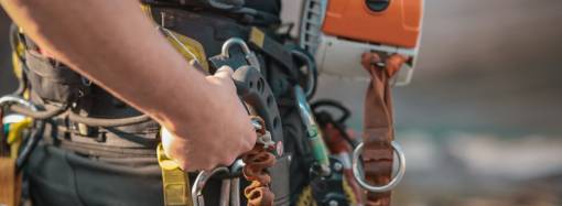 Different safety equipment for arborist such as ropes, anchors and straps.