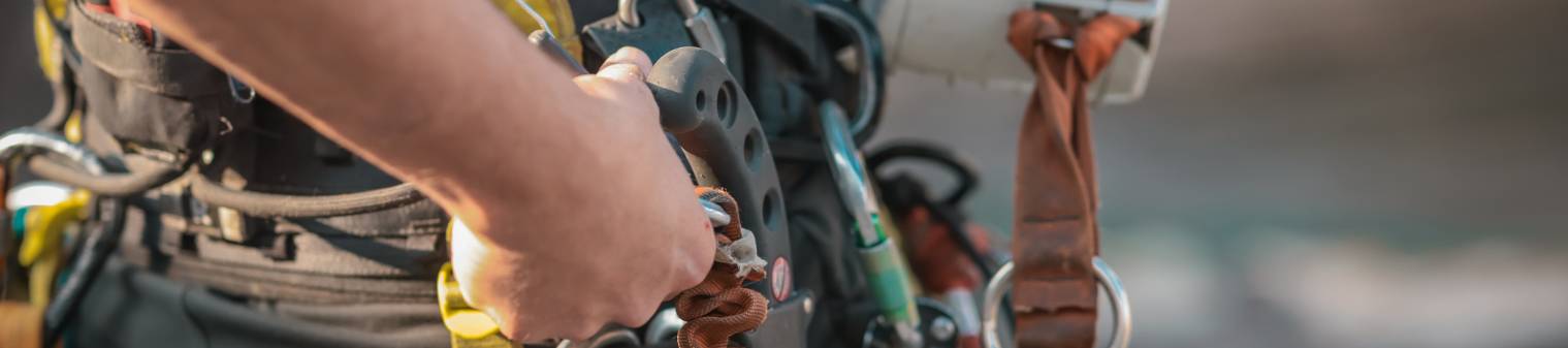 Different safety equipment for arborist or arborists such as ropes, anchors, straps and so on. Detail of arborist equipment.